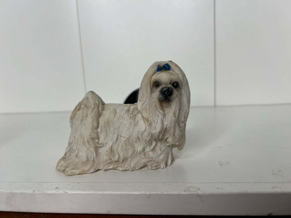 Shiah Yih White Maltese Dog Figurine Statue with Blue Bow